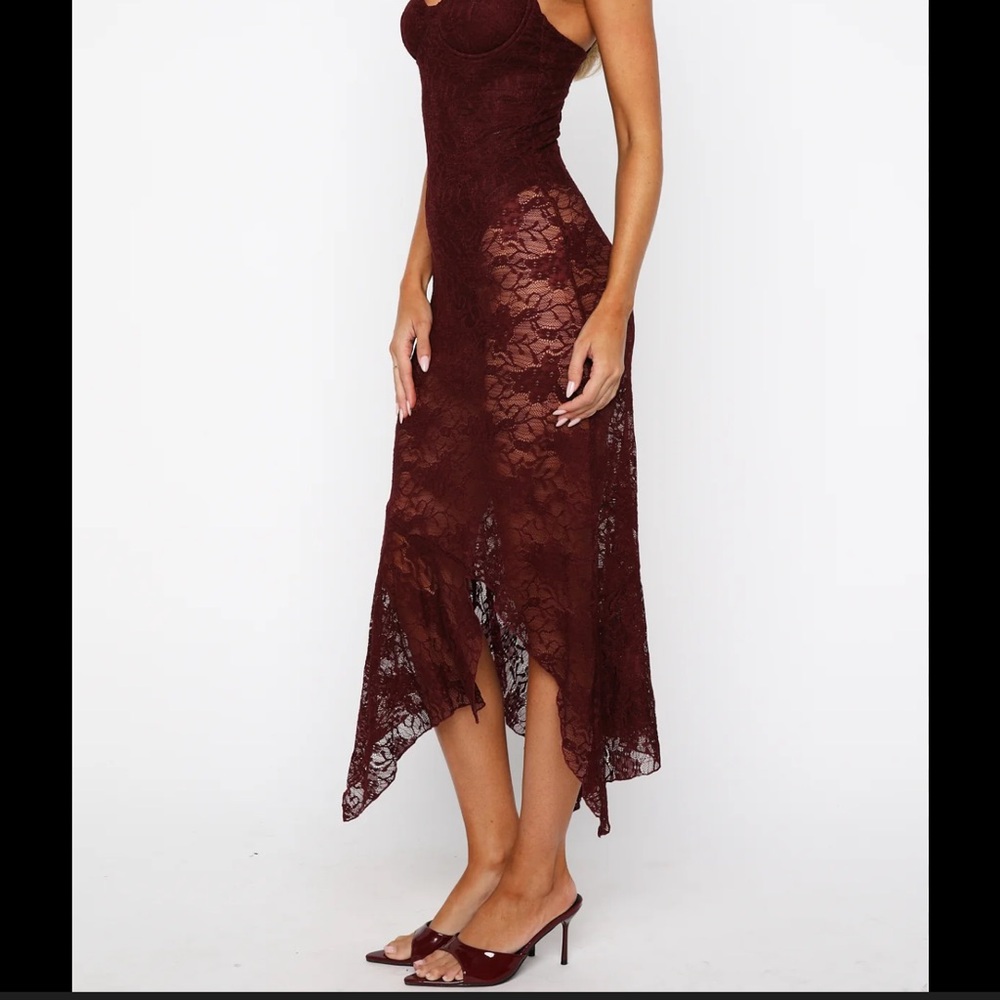 White Fox Boutique Asymmetrical Lace Dress in Deep Burgundy